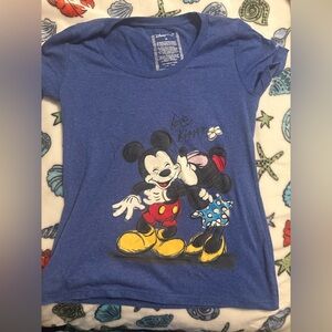 Disney Blue Short Sleeve Tee with Mickey & Minnie Kiss Graphic